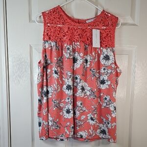 New Notations Women Floral Crochet Sleeveless Blouse Salmon 1X